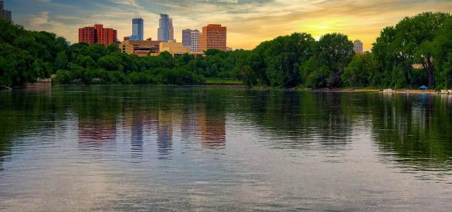 An Agreeable Sunset Scene of the Minneapolis Skyline Taken Near the University of Minnesota Campus on the Mississippi River
