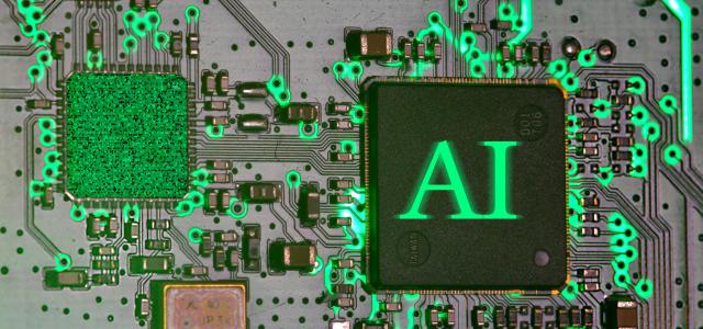 Glowing ai chip on a circuit board. by Immo Wegmann courtesy of Unsplash.